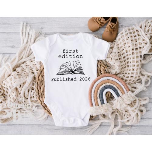 First Edition Baby Onesie: Custom Year, Librarian Mom Gift, 2026