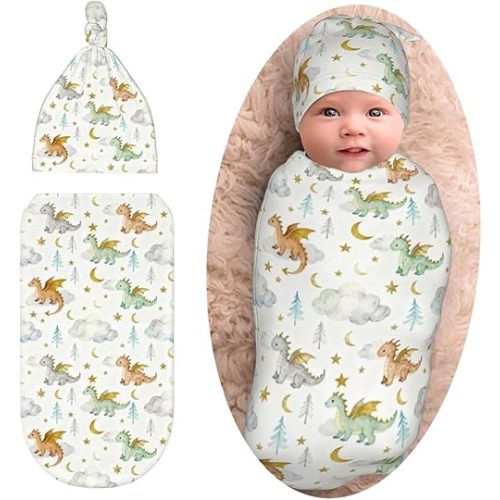 Cute Dragon Print Baby Swaddle Blanket with Beanie Set, Soft Cloud Moon Star Swaddle Sack Newborn Receiving Blanket for Girls Boys