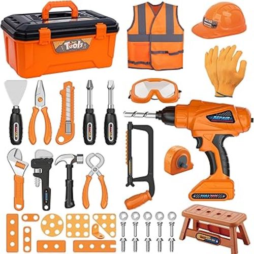 MAGIC4U 50PCS Kids Tool Set wtih Electric Drill, Safety Vest, Hat, Goggles | Pretend Play Construction Costume Toy, Tape Measure 12 Tool Equipements, Realistic sounds, Toddler Tool Box for Boy Girl