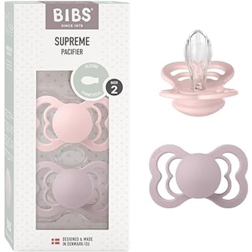 BIBS Supreme Baby Pacifiers | BPA-Free Silicone Pacifier | Made in Denmark | Set of 2 Soothers (Blossom/Dusky Lilac, 6-18 Months)