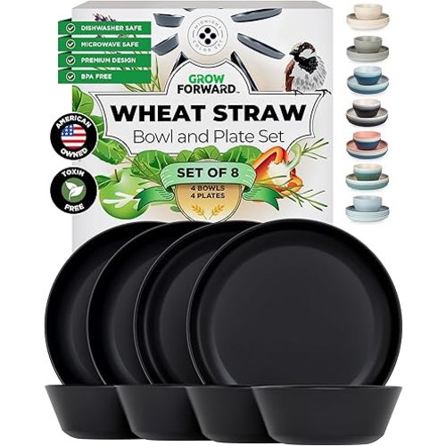 Grow Forward Premium Wheat Straw Plates and Bowls Sets - 8-Piece Wheat Straw Dinnerware Sets - Unbreakable & Reusable Microwave Safe Plastic Dinner Plates for Outdoors, RV, Camping Dishes - Midnight