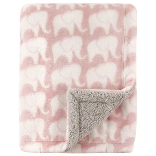 Hudson Baby Infant Girl Plush Blanket with Faux Shearling Back, Pink Elephant, One Size
