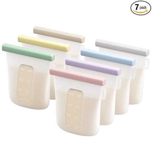Nuliie 7 Pcs Silicone Breastmilk Storage Bags Reusable, 8oz/240ml Double Leak-Proof Breastmilk Freezer Bags, BPA Free Self-Standing Milk Bags for Breastfeeding, Baby Food Pouches