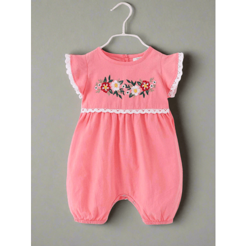 Baby Girls Boho Floral Embroidery Pink Romper