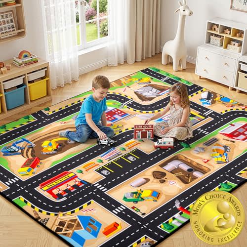 Kids Rug, 3x5 Ft Construction Play Rug for Kids | Extra Thick 0.4in Soft Construction Site Play Rug with Non-Slip Rubber Backing,Machine Washable for Bedroom & Playroom
