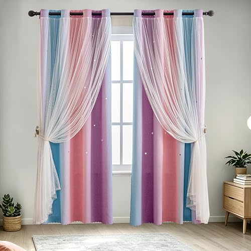 indistar Dreamy Star Cutout Blackout Curtains with White Sheer,Double Layer Curtains for Girls Bedroom, Hollow Out Drapes for Nursery (2 Panel,52Wx63L,Purple Pink Blue)