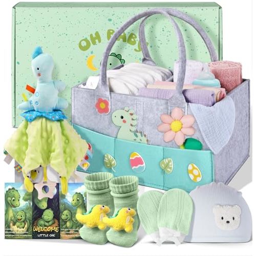 Coralogo Baby Shower Gift Basket - Baby Gift Set with Diaper Caddy, Gifts for New Mom, Gender Reveal Gifts, New Born Essential Include Security Blanket Hat Bib Socks Mittens, Boy
