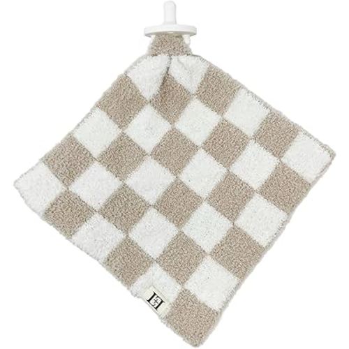Checkered Baby Lovey Pacifier/Teether Holder 10"x10" - DreamSoft Knitted Cuddly Soothie Reversible Mini Comfort Blanket - Cute Newborn Gift Essential for Babies Boys and Girls (Tan/White)