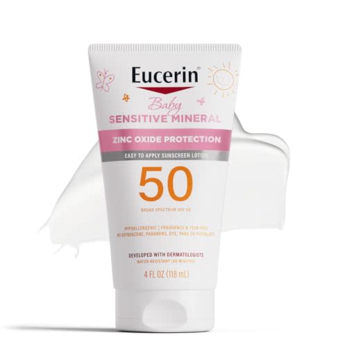 Eucerin Sun Sensitive Mineral Baby Sunscreen Lotion SPF 50 with Zinc Oxide Protection, Hypoallergenic Mineral Sunscreen for Babies, Tear Free and Fragrance Free, 4 Fl Oz Tube