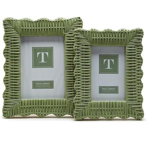 Two's Company Set of 2 Rattan Photo Frames, Includes 4x6 and 5x7 Inch Sizes, Artisan Crafted, Home Decor Accessories (Green Wicker Weave)