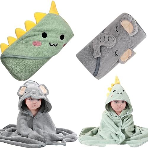 Baby Towels with Hood Baby Bath Towel Baby Hooded Towel 2Pcs Kids Bath Towels 32x32'' Soft & Absorbent Hooded Baby Towels Cute Dinosaur Toddler Towels Swimming Bathrobe Gifts for Boys Girls