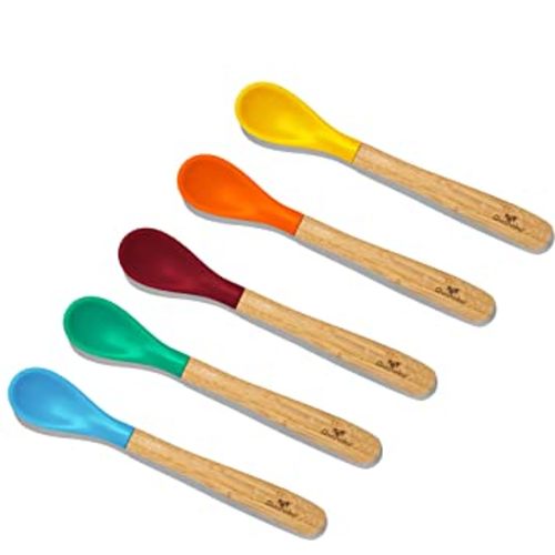 Avanchy Bamboo & Silicone Infant Training Spoons, BPA Free - Soft Tip, Easy on Gums, First Stage Feeding Utensils for Baby-Led Weaning, Self-Feeding, Assorted w/Blue