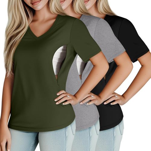 Huukeay 3 Pack Women's Maternity Nursing Tops, Hidden Zippers Breastfeeding Clothes V Neck Short Sleeve Pregnancy Shirts Tees