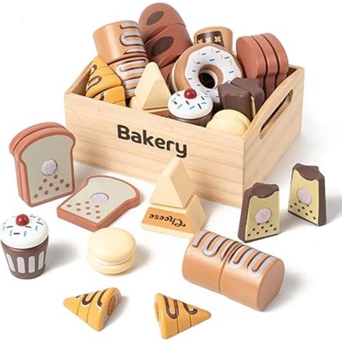 10-Piece Bakery Wooden Play Food , Cutting Toys Kitchen Pretend, 3+