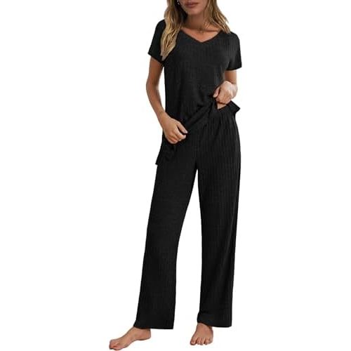Ekouaer Womens Ribbed Knit Lounge Set Short Sleeve Top and Long Pants Pajamas V Neck 2 Piece Sleepwear