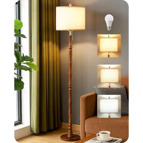 65" Oak Wood Floor Lamps for Living Room with Adjustable Color Temperatures, Farmhouse Floor Lamp with Pull Chain Switch, Tall Standing Lamp for Bedroom, Dining Room, Rustic Brown VE27LD05