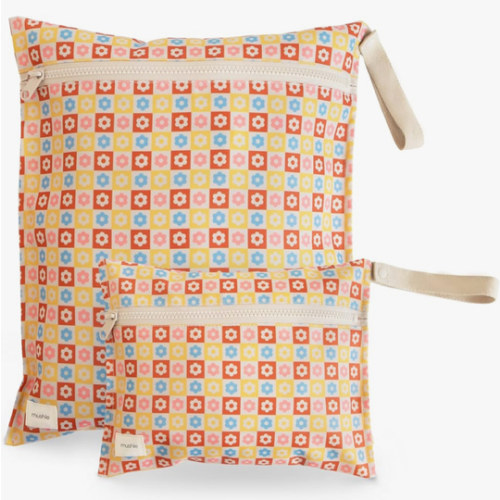 mushie Water Resistant Wet Bags | Large & Small Reusable Storage Bag for Baby Items and Travel | Zippered Pockets with Handle | Machine Washable, Set of 2 (Happy Flowers Check)