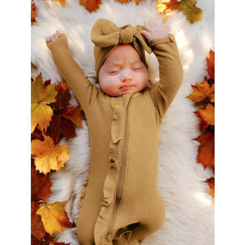 Organic Waffle Ruffle Zip Footie, Honey