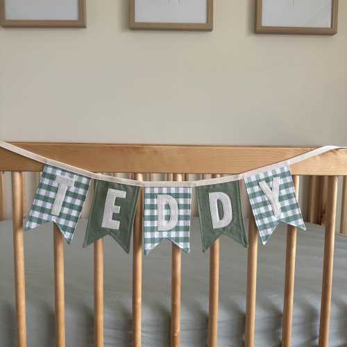 Sage Green Gingham Name Bunting – Custom Nursery Decor Banner
