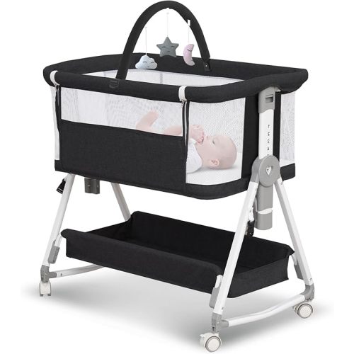 Baby Bassinet, 3 in 1 Bedside Bassinet for Baby with Hanging Toys, Portable Foldable Bedside Sleeper 4-Sided Mesh Bedside Crib with Wheels and Storage Basket, 7 Height Adjustable (Black)