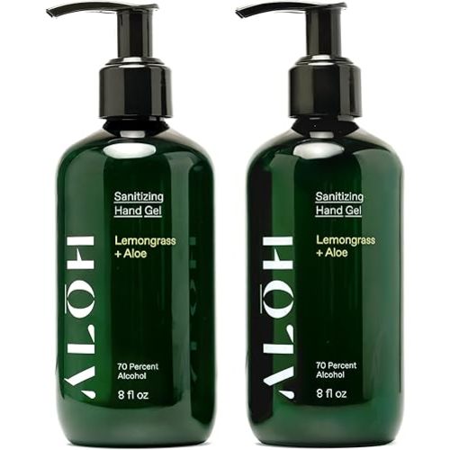 ALŌH Sanitizing Hand Gel 2-pack | Lemongrass + Aloe | 70% Alcohol Hydrating Hand Sanitizer Gel with Essential Oil, for Kids & Adults | 8oz Size Bottle (Set of 2)