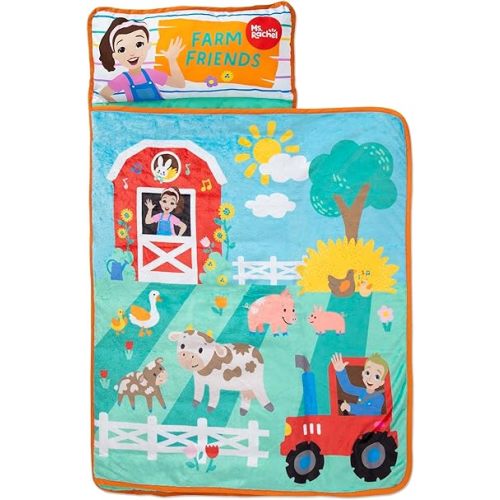 Ms. Rachel Farm Friends Toddler Nap Mat - Includes Attached Pillow and Fleece Blanket