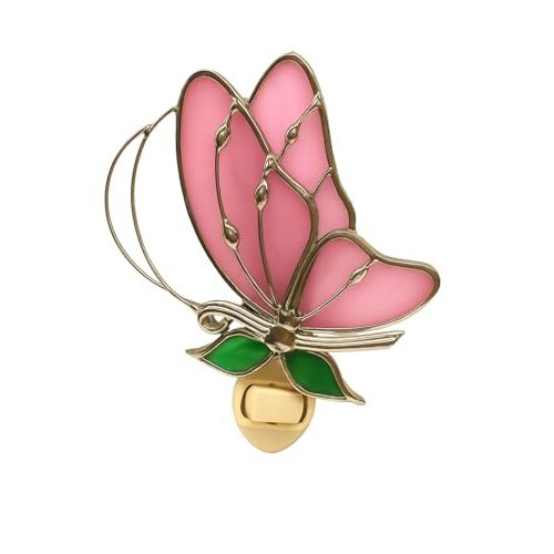 Baby Pink Butterfly Stained Glass Night Light – Real Stained Glass with Silver Finish, UL-Approved Base with 5W Bulb – Elegant Handmade Butterfly Accent from Juhlin Glass Studio