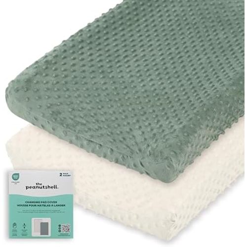 The Peanutshell Minky Dot Diaper Changing Pad Cover - Ultra Soft Baby Mat Cover for Boys & Girls, Fits 16” x 32” Changing Table Pads - Sage, 2 Pack