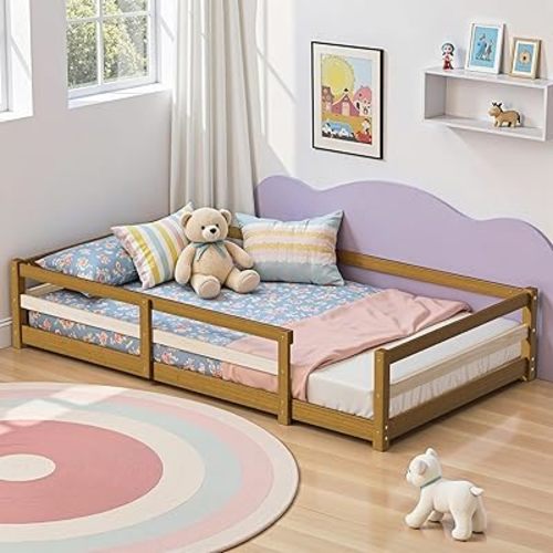 LLS Twin Size Montessori Bed, Solid Wood Floor Bed Frame with Safety High Fence, Montessori Floor Bed with Rails for Boys Girls, Coffee