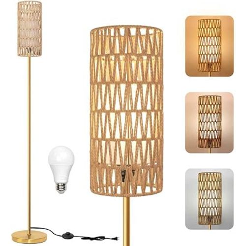 Floor Lamp for Living Room,Farmhouse Floor lamp,Modern Standing lamp with Hand-Worked Rattan Shade (Round Rattan Shade Gold Color-3 Color Bulb)