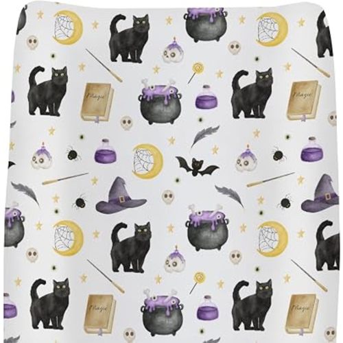 Pastel Halloween Party Baby Changing Pad Covers for Boys Girls Black Cats Witch Bats Skull Moon Fitted Change Table Pad Covers Mats Spooky Halloween Soft Diaper Change Table Sheets 32''×16''