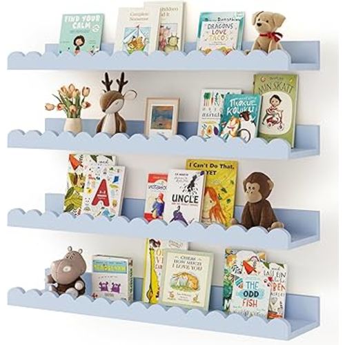 Shario Nursery Book Shelves, 4-Pack White Floating Shelves for Wall Kids, Scalloped Shelves, Wall Book Shelves for Bedroom Kids, Toddler Room, Baby Room, Nursery Decor(Blue, 23 Inches)