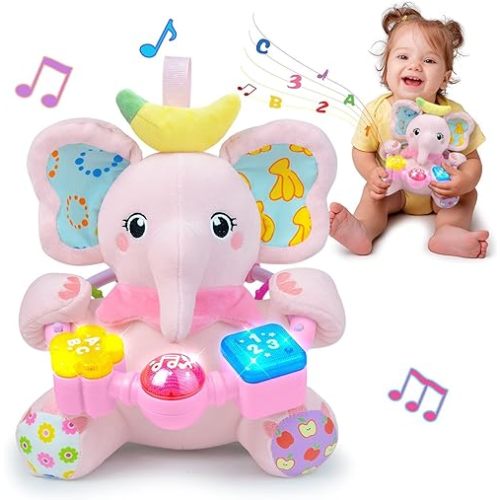 Baby Elephant Musical Stuffed Animals Toy with Light-Up Music & Crinkle Sound Paper,Infant Bilingual Early Learning Education Toys,Tummy Time Toys for 0-3-6-12+ Months Boy Girl, Pink