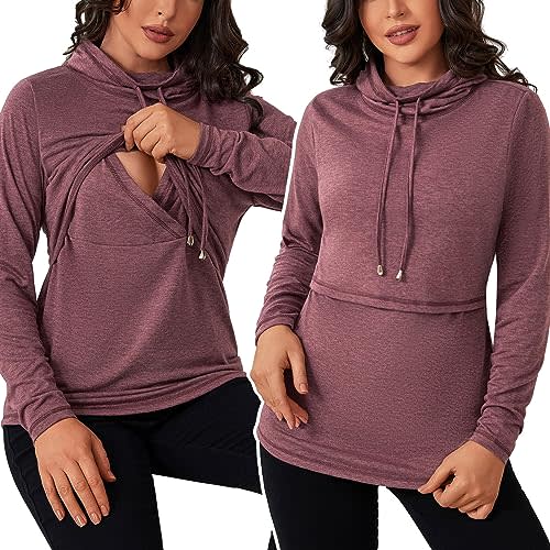 GINKANA Womens Nursing Tops Breastfeeding Sweatshirts Shirts Long Sleeve Drawstring Cowl Neck Nursing Tee Shirts Blouse