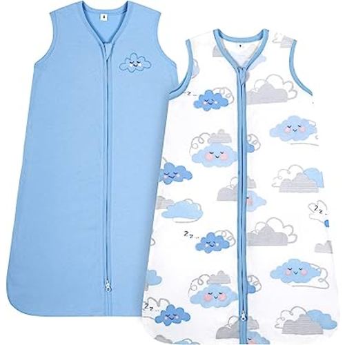TILLYOU Sleep Sack - Cotton Wearable Blanket Baby 2-Pack Set, Fits Infant Newborn Ages 0-6 Months,Small Cloud & Blue