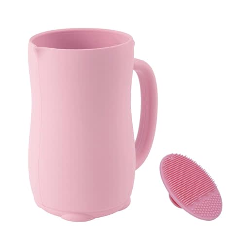 mandoo Baby Bath Rinse Cup - Food Grade Silicone - Shampoo & Body Washing Rinser Cup for Kids with Easy Grip Handle to Rinse Baby Shampoo and Soap - Baby Essentials (Pink+Brush)