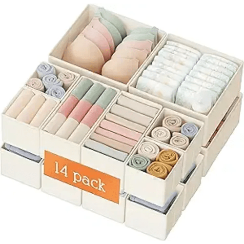 Drawer Organizer Clothes, 14 Pack Dresser Organizer for Baby Clothes, Underwear, Sock- Foldable Closet Organization and Storage Dividers Bins for Nursery, Bedroom and Dorm (Beige)