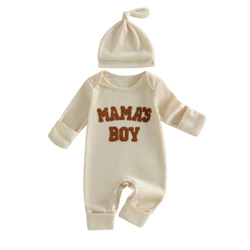 Baby Boy Coming Home Outfit Mamas Boy Little Dude Romper & Hat | Newborn, Infant, Baby Shower Present, Waffle Knit, Embroidered, Long Sleeve, Folded Cuffs, Spring Fall Clothes, Jumpsuit