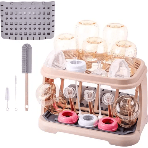 DIJIAMEIYA Baby Bottle Drying Rack:Space Saving Standing Drying Rack for Baby Bottles and Pump Part Cleaning,be Equipped with Bottle Brush（Pink Lotus Root）