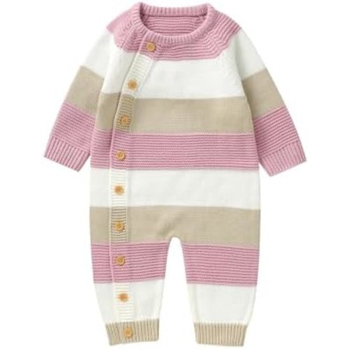 Newborn Girl Boy Striped Sweater Romper Fall Long Sleeve Full Length Playsuit Winter Warm Button Up Knitted Jumpsuit