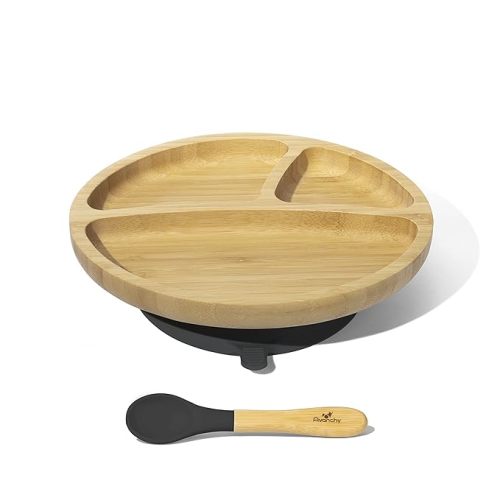 Avanchy Toddler Baby Plates Divided Bamboo, Suction for Babies Kids Toddler Food with Silicone Spoon for Feeding, Black