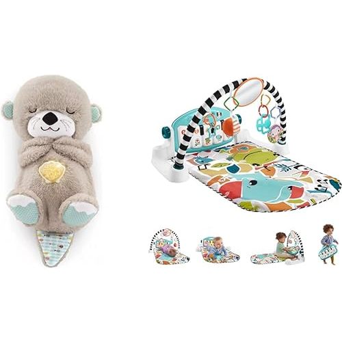 Fisher-Price Soothe 'n Snuggle Otter Plush Baby Toy & Glow and Grow Kick & Play Piano Gym Activity Mat Bundle