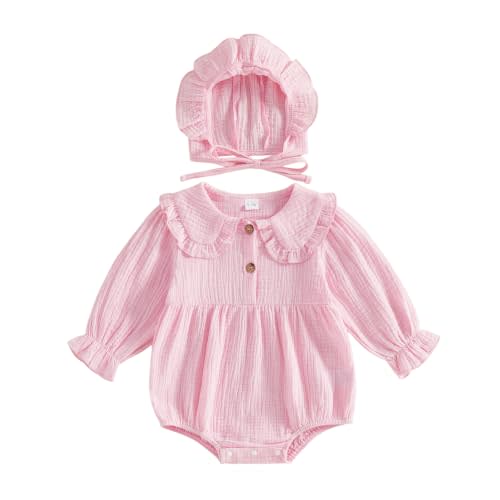 Newborn Coming Home Outfit Baby Girl Muslin Romper Bodysuit with Hat