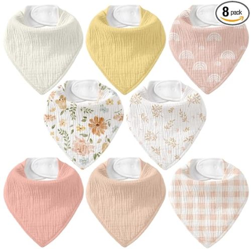 8 Pack Muslin Baby Bandana Bibs for Drooling and Teething | Absorbent Cotton Drool Bib for Baby Boy Girl, Easy Adjustable Bibs for Newborn Infants Toddlers, 0-36 Months, Orange Floral