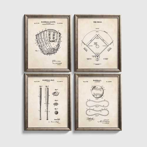 Baseball Wall Art Set | Field Diagram, Bat, Glove & Baseball | Ready to Frame Prints