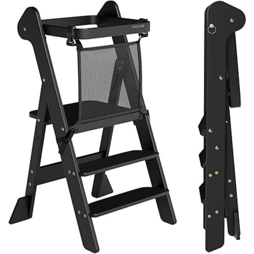 COSYLAND Foldable Wooden Toddler Kitchen Stool, 2-Level Adjustable Standing Tower with Anti-tip Feet, iF Award-Winning Portable Kitchen Helper for Children Aged 18 Months to 6 Years (Black)