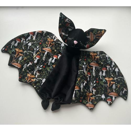 Mushrooms baby bat lovey blanket, mushrooms woodland baby shower gift and nursery, little witch baby gift, magic baby wizard, magic school