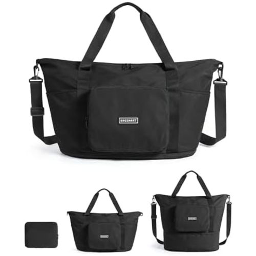 BAGSMART Foldable Travel Bag, 37L Expandable Personal Item Bag, Lightweight Travel Essentials for Women, Water Resistant Extra Carry on Bag, Black