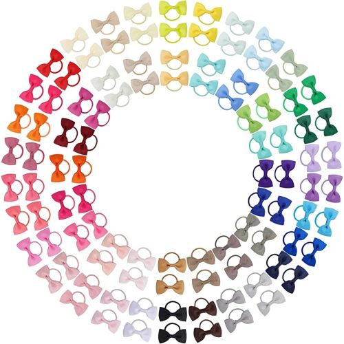 Jollybows 100PCS 2 Inches Baby Girls Hair Bows Ties Mini Boutique Elastic Hair Rubber Ribbon Hair Band Accessories for Kids Toddlers Infants (100 PCS)