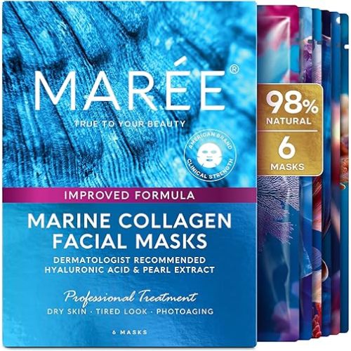 MAREE Collagen Facial Mask with Hyaluronic Acid — Sheet Face Mask Skincare — Centella Asiatica, Green & Red Algae Extract — Hydrating Facemask For Women Skin Care — Mascarillas Para La Cara — 6 Count